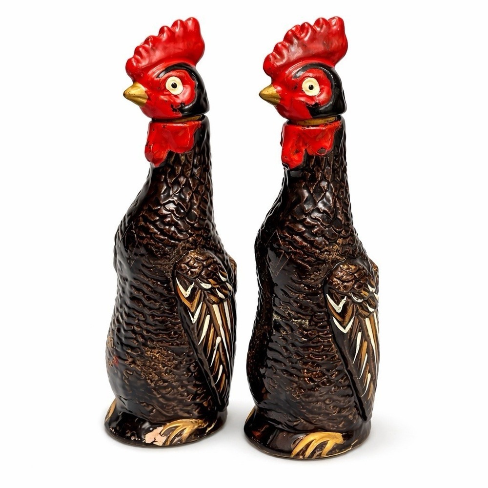 VTG Rooster Oil Vinegar Cruet Set Ceramic Farmhouse Kitchen Decor 7" Chickens‎